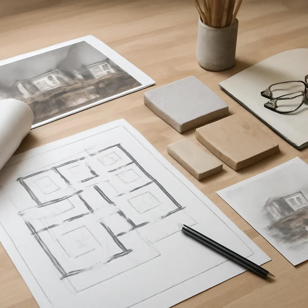 About planning scene with drawings, material samples, and architectural imagery