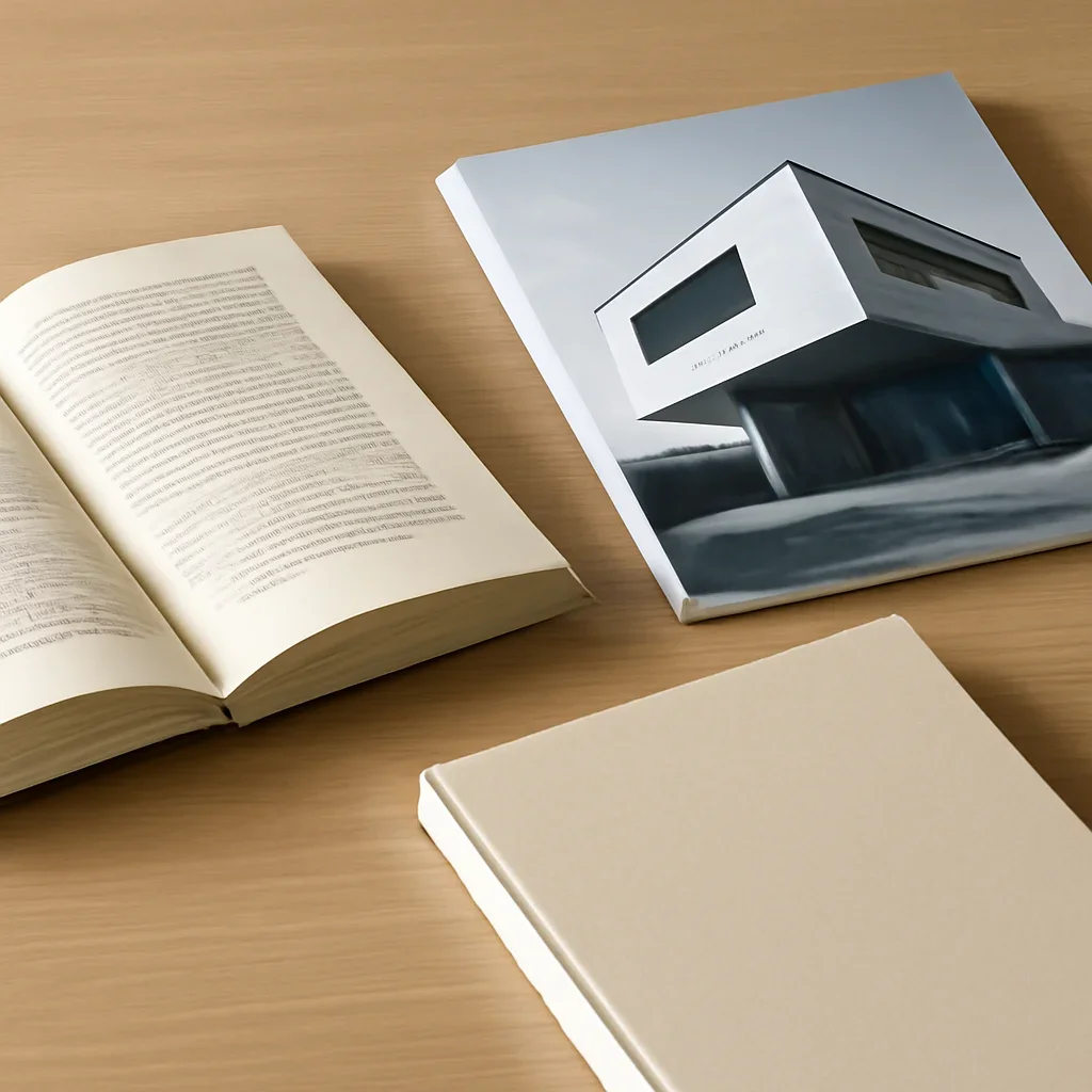 Books scene with book, magazine, and architectural photograph