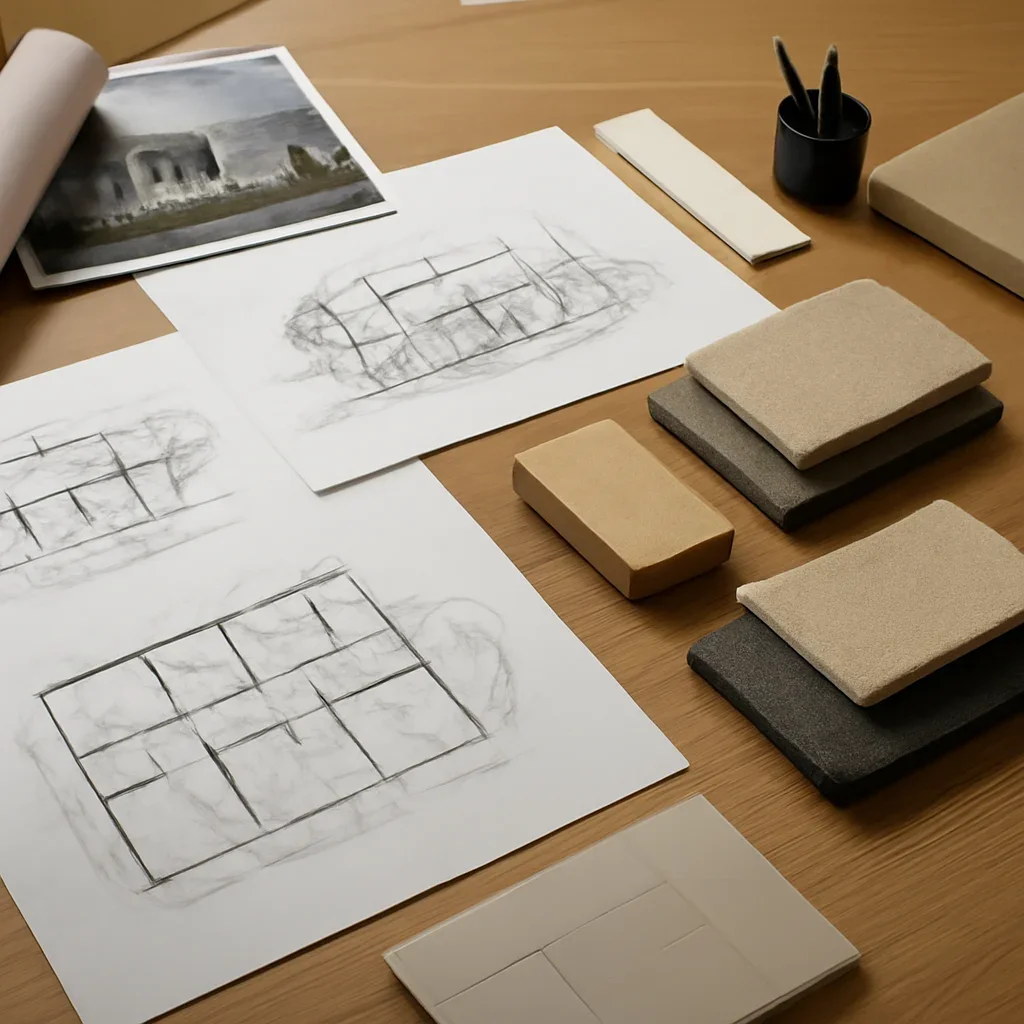 Case Studies planning scene with drawings, material samples, and architectural imagery