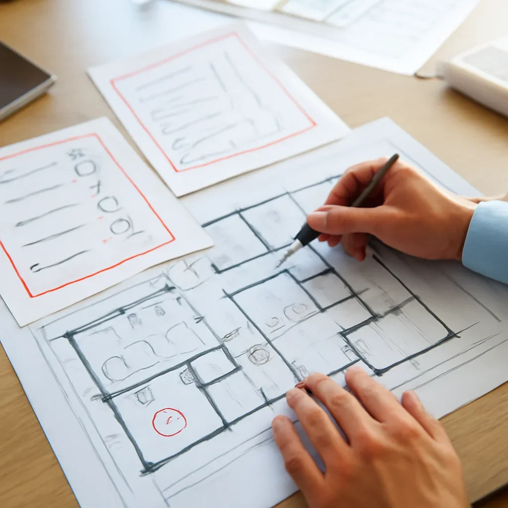 Decision-making image with marked-up plans and comparison notes