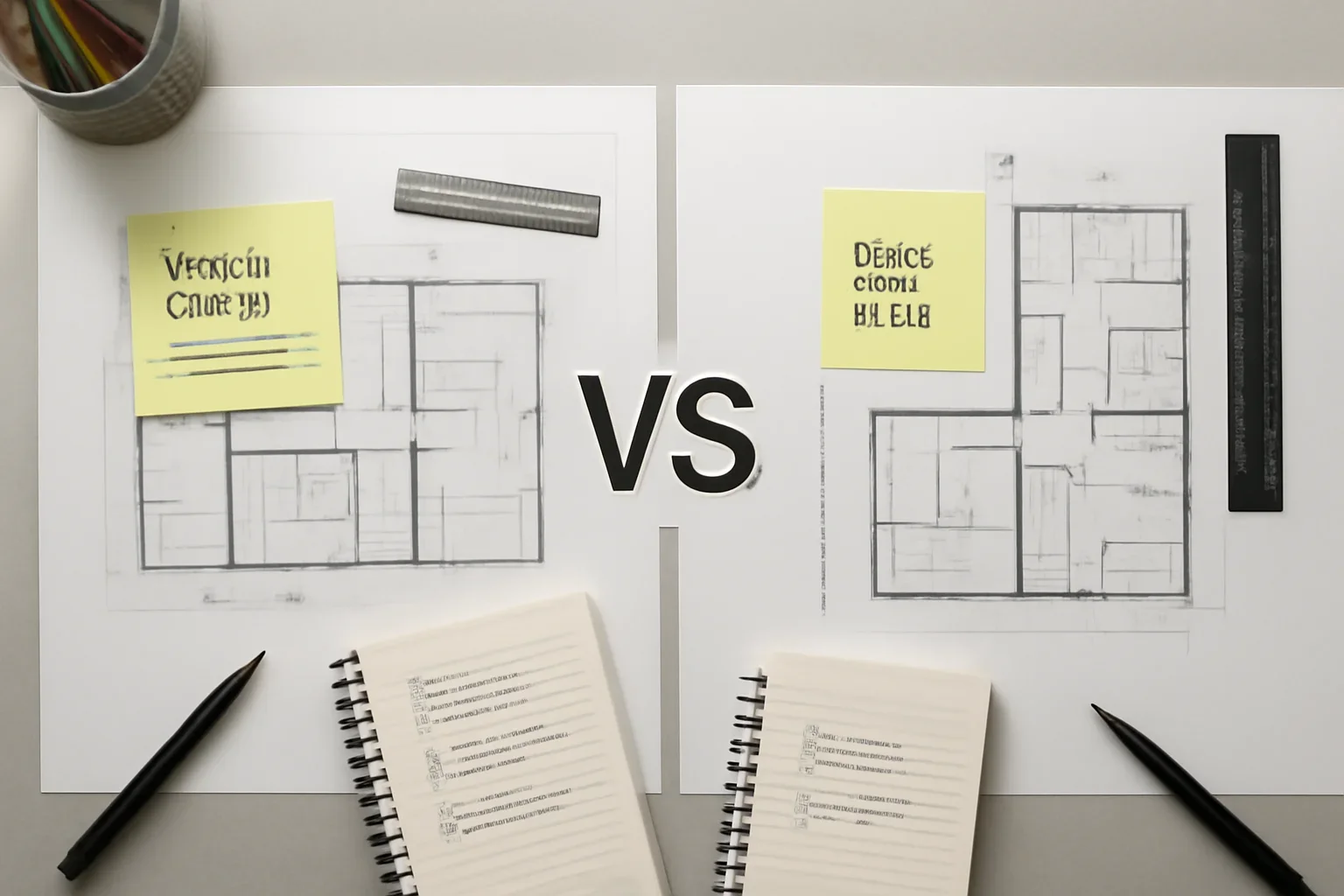 Design-Build vs Design-Bid-Build comparison visual with plans and notes