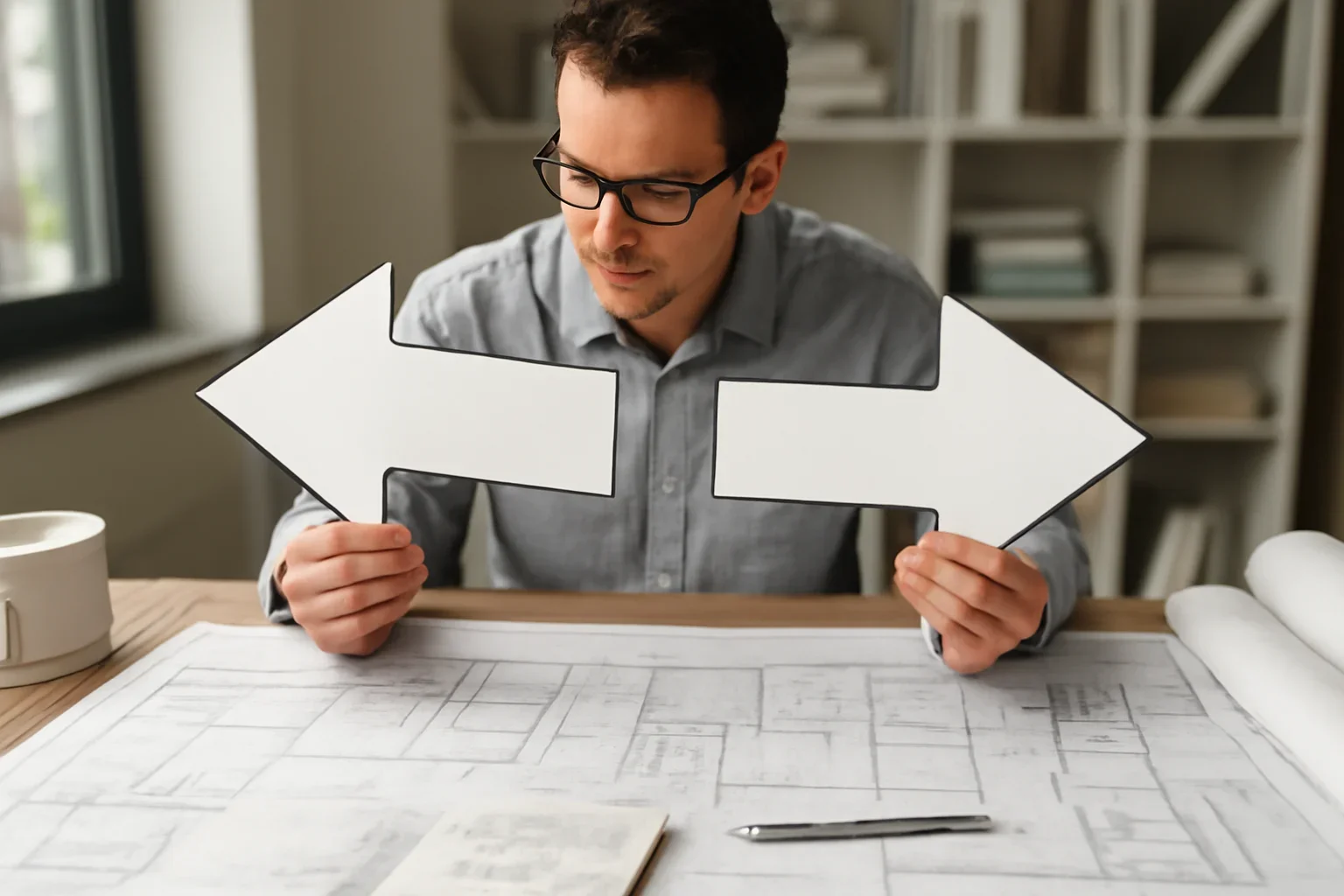 Architect comparing two project delivery paths over drawings