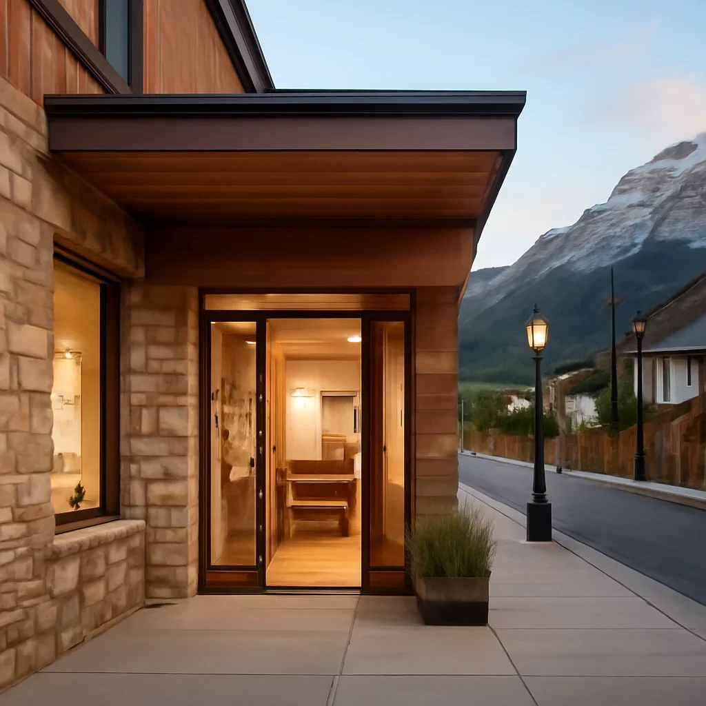 Architectural studio exterior with mountain town streetscape and welcoming entry