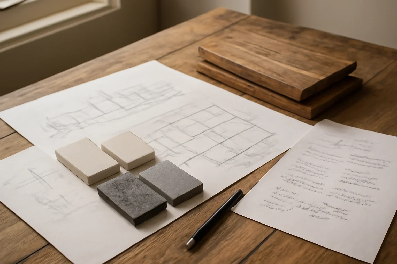 Architectural studio meeting table with plans, stone samples, and handwritten notes