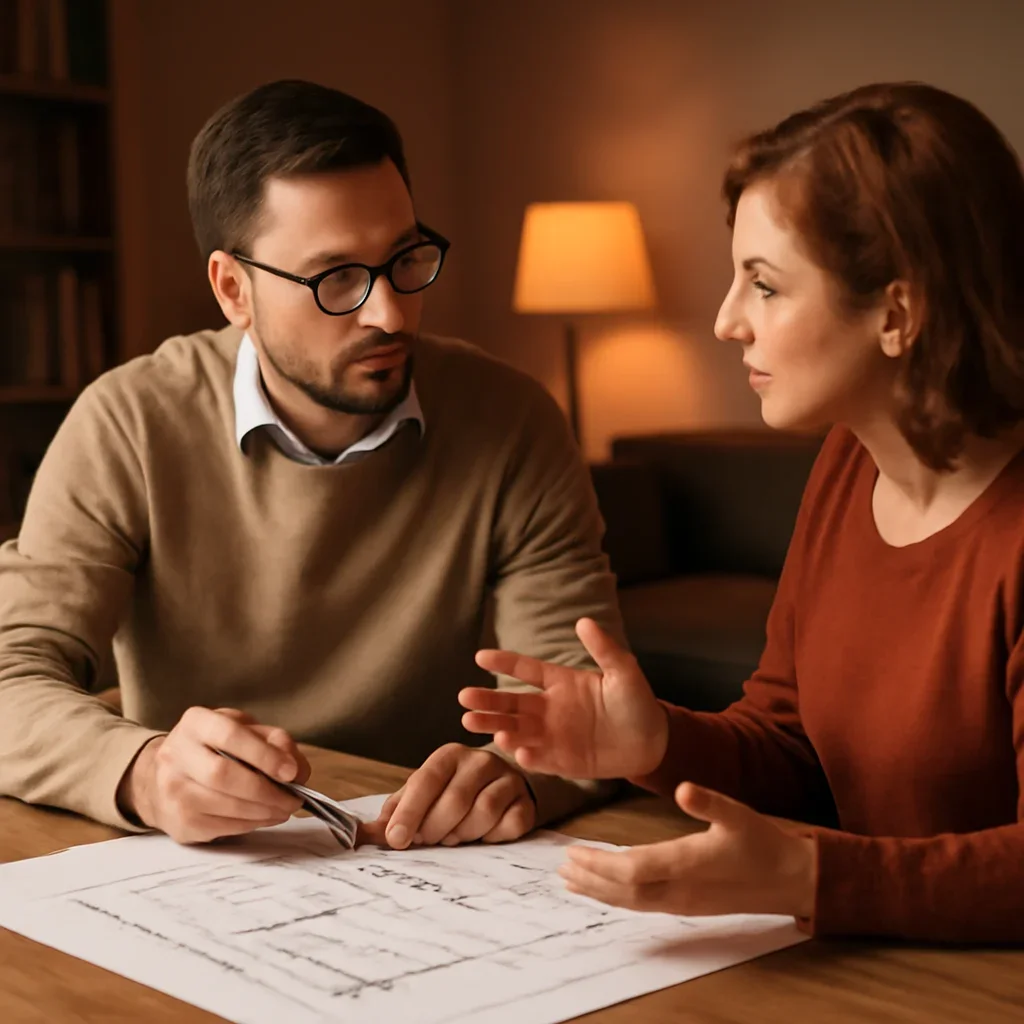 Architectural consultation with homeowner asking questions over plans