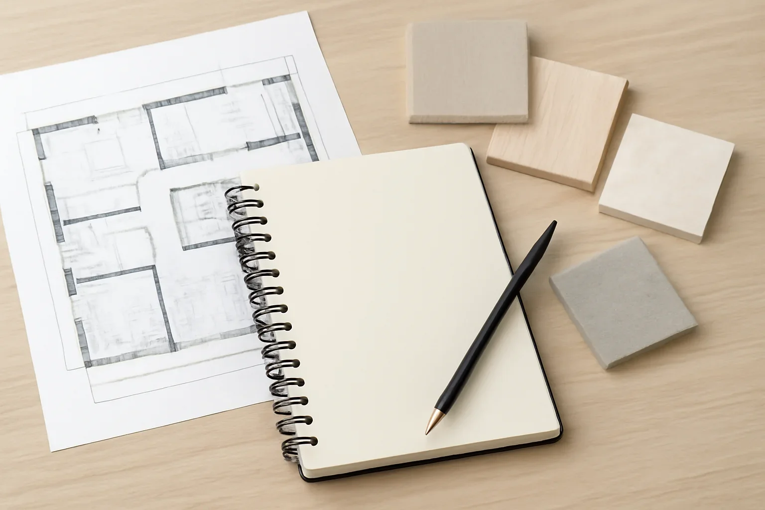 Architectural FAQ visual with plans, notepad, and material swatches