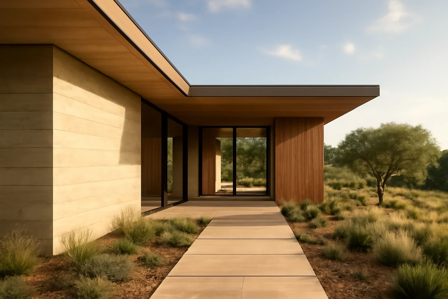 Features inspiration image showing refined architecture, material detail, and landscape connection