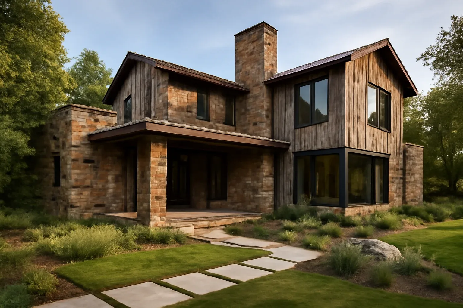 Reclaimed Materials shown through refined custom residence and landscape