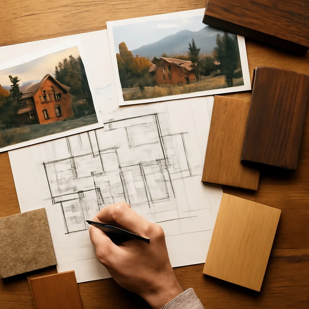 Warm architectural studio mood board with plans, wood samples, and mountain residence imagery