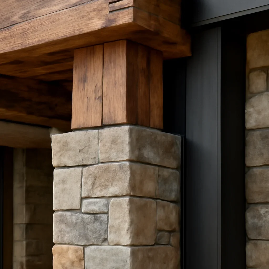 Close-up of reclaimed timber, stone, and steel detailing in custom residence