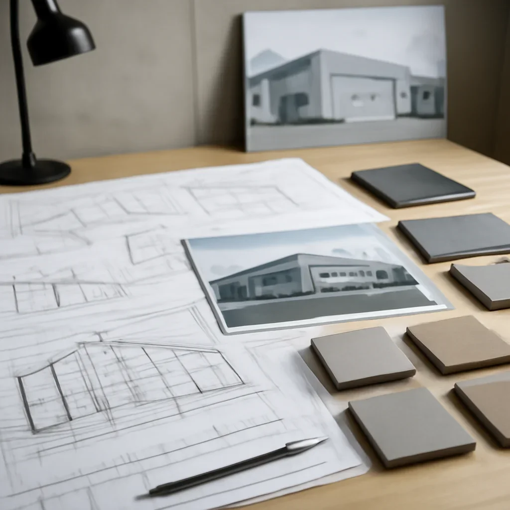 Industries planning scene with drawings, material samples, and architectural imagery
