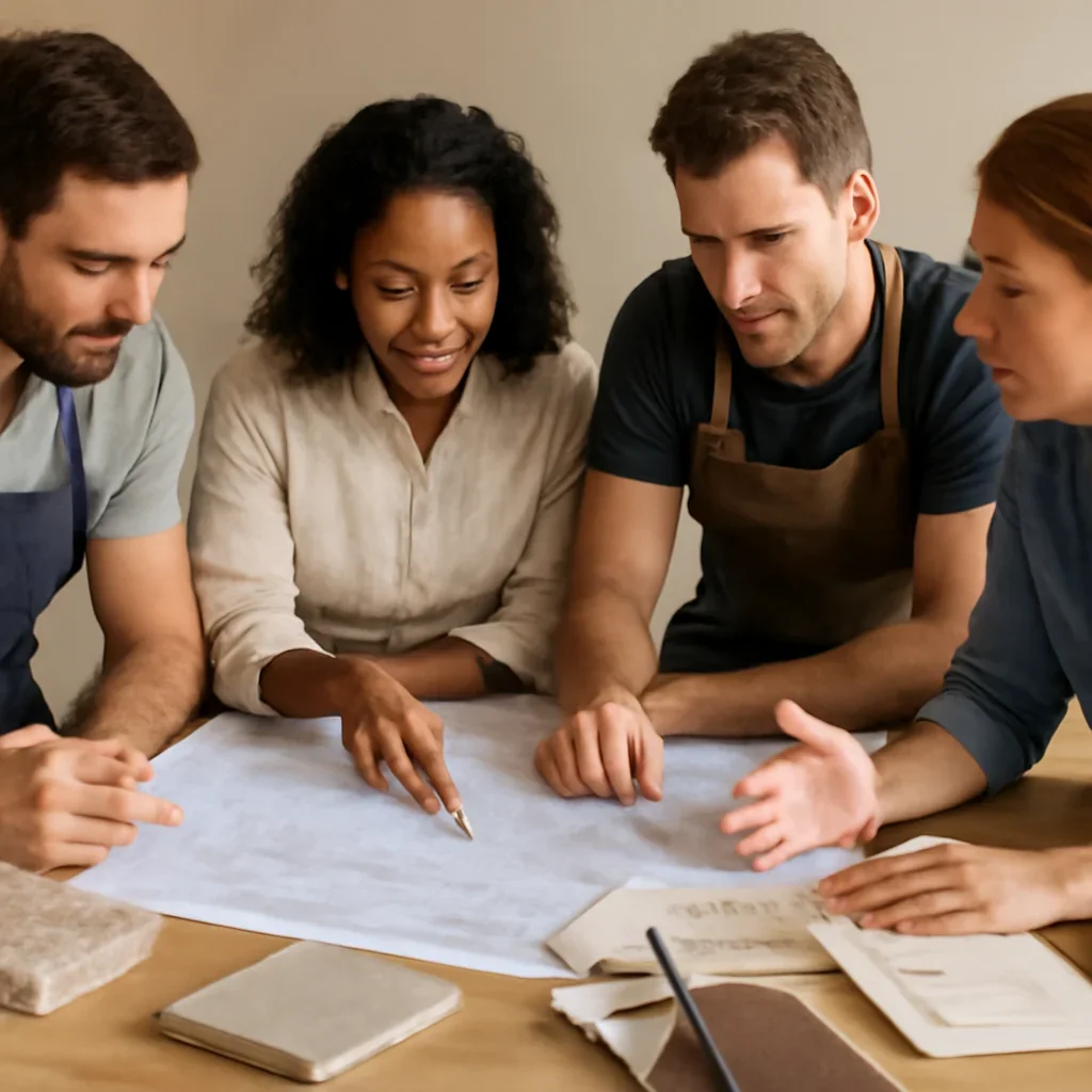 Artisan Trades coordination meeting with drawings and materials