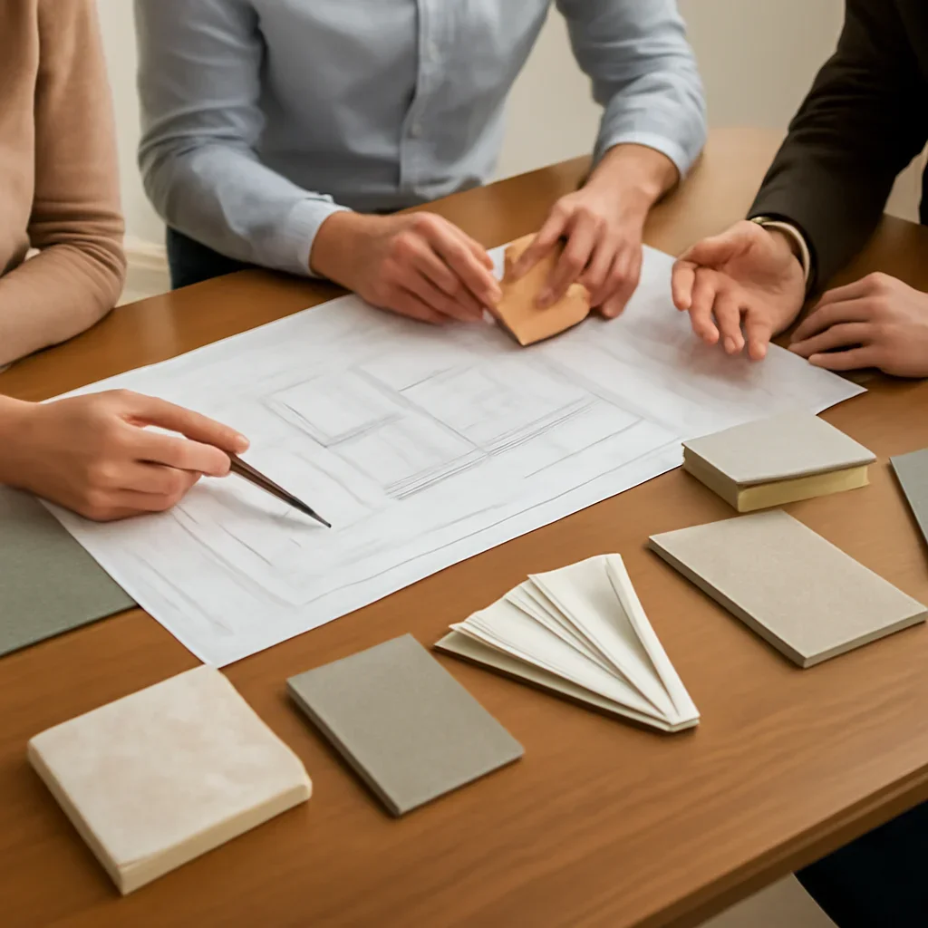 Interior Design Integration coordination meeting with drawings and materials