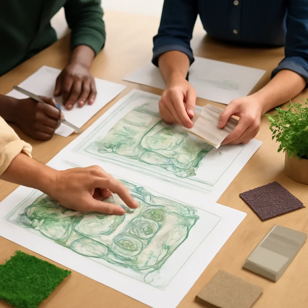 Landscape Architecture Integration coordination meeting with drawings and materials