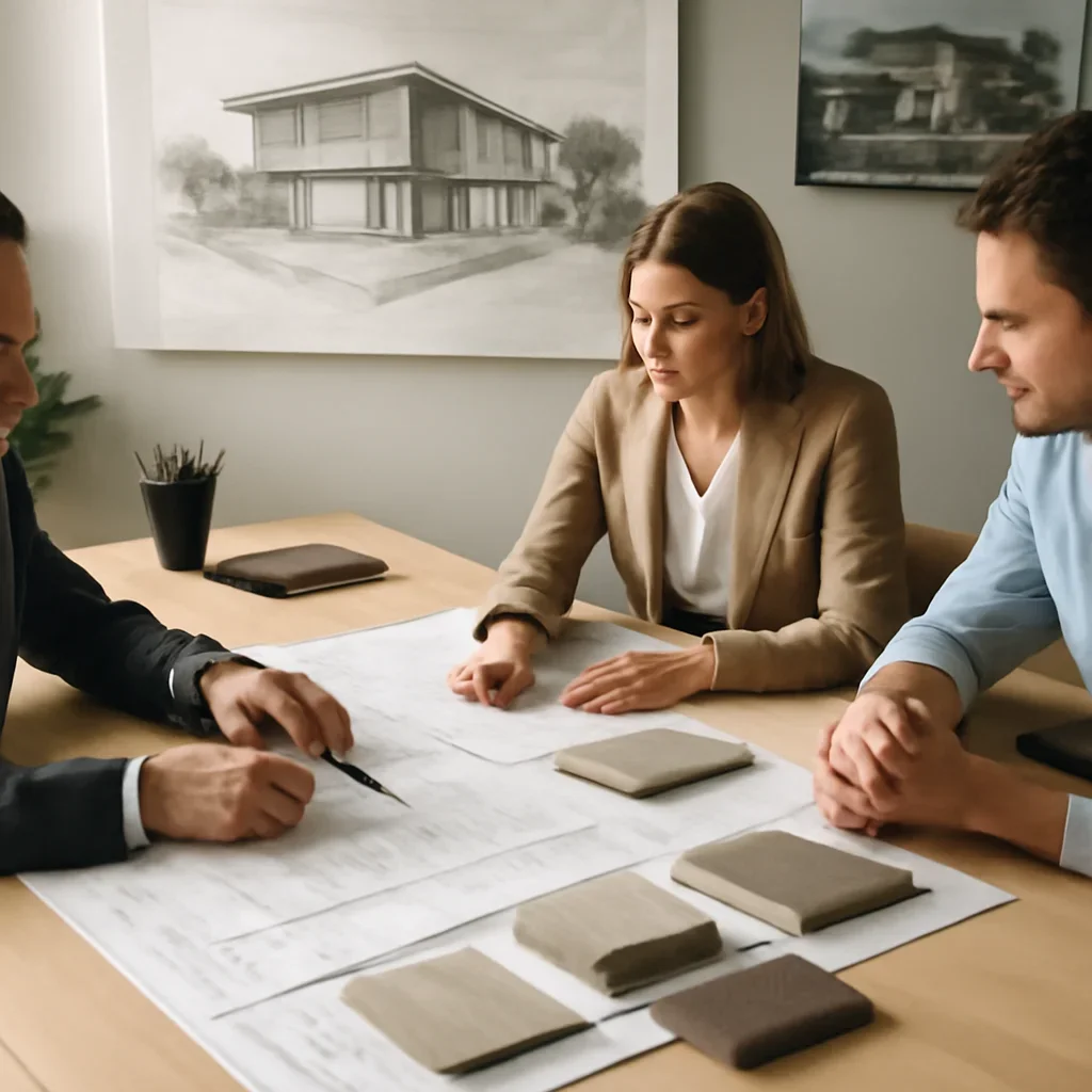 Leadership planning scene with drawings, material samples, and architectural imagery