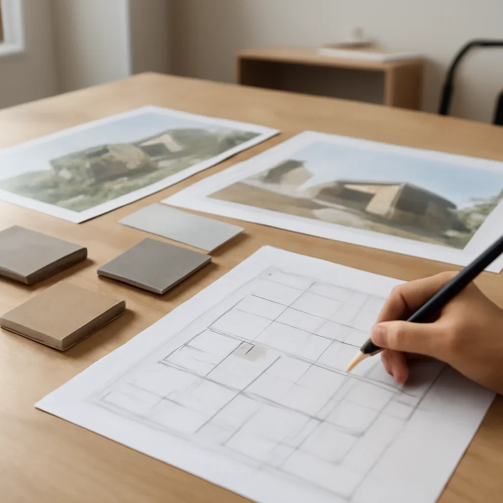 Locations planning scene with drawings, material samples, and architectural imagery