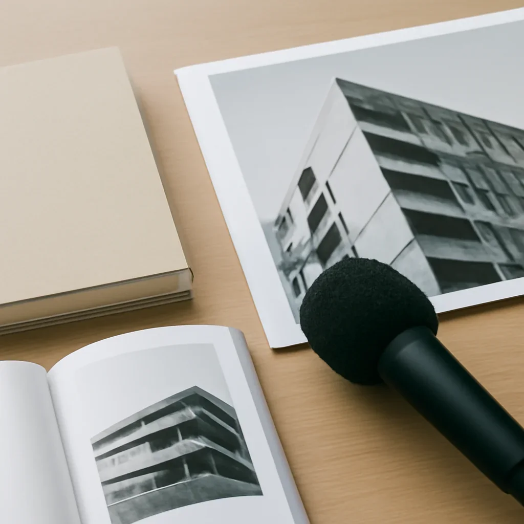 Press scene with book, magazine, and architectural photograph