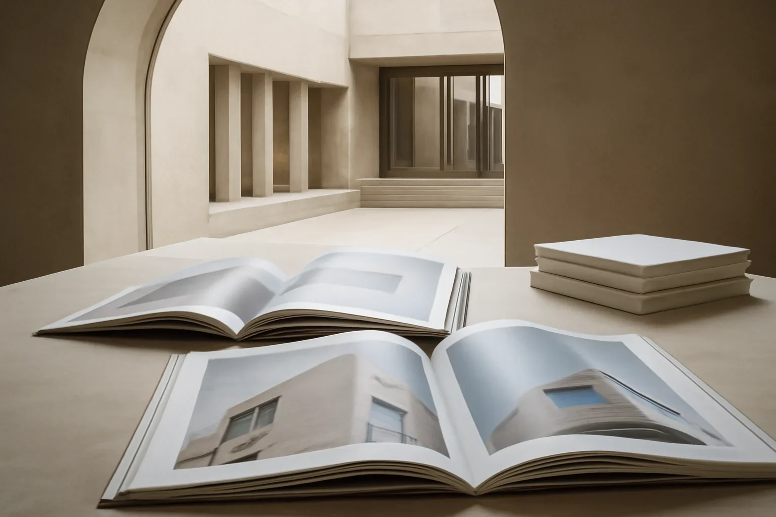 Press editorial image with architecture and printed material