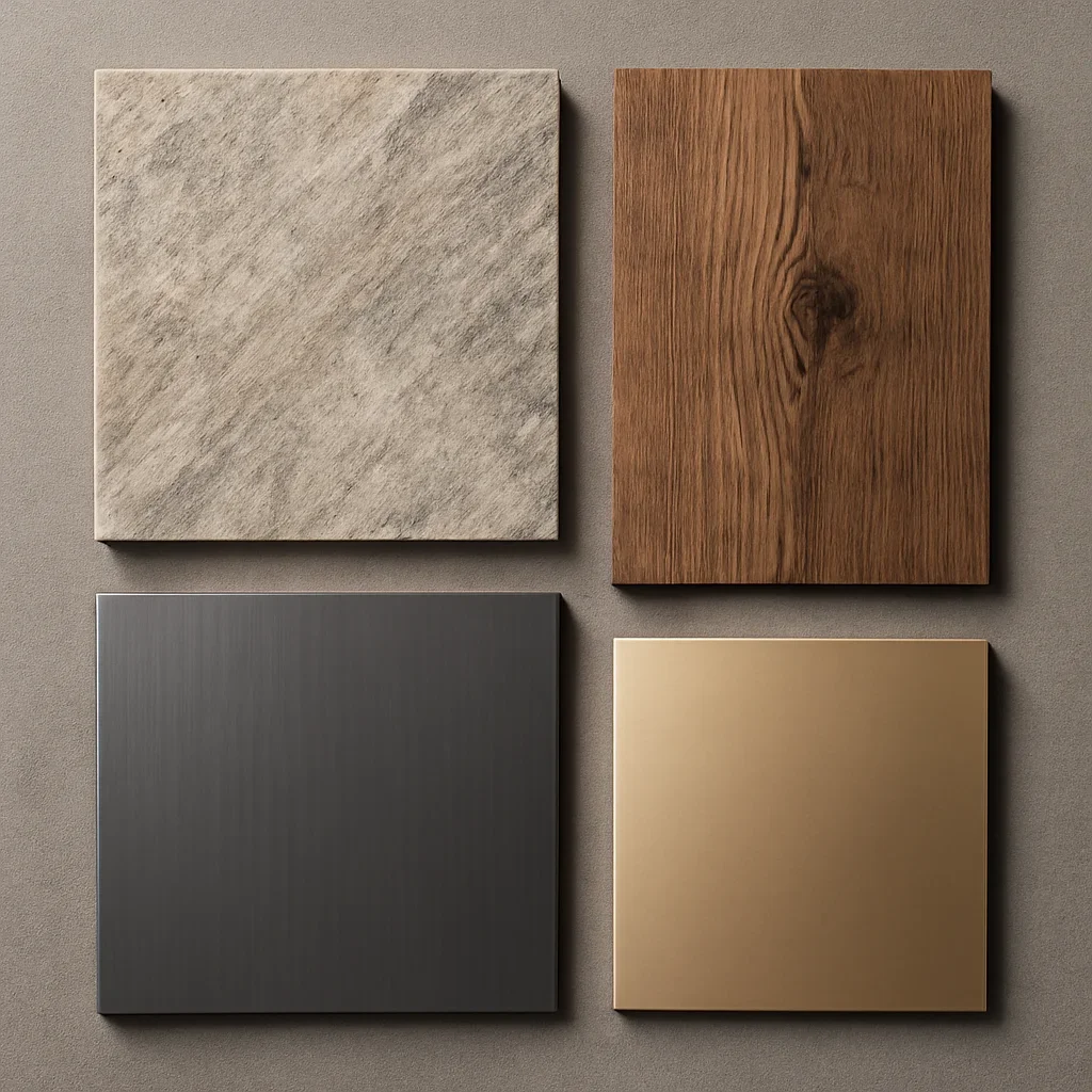 Material board with stone, timber, steel, and luxury finish samples
