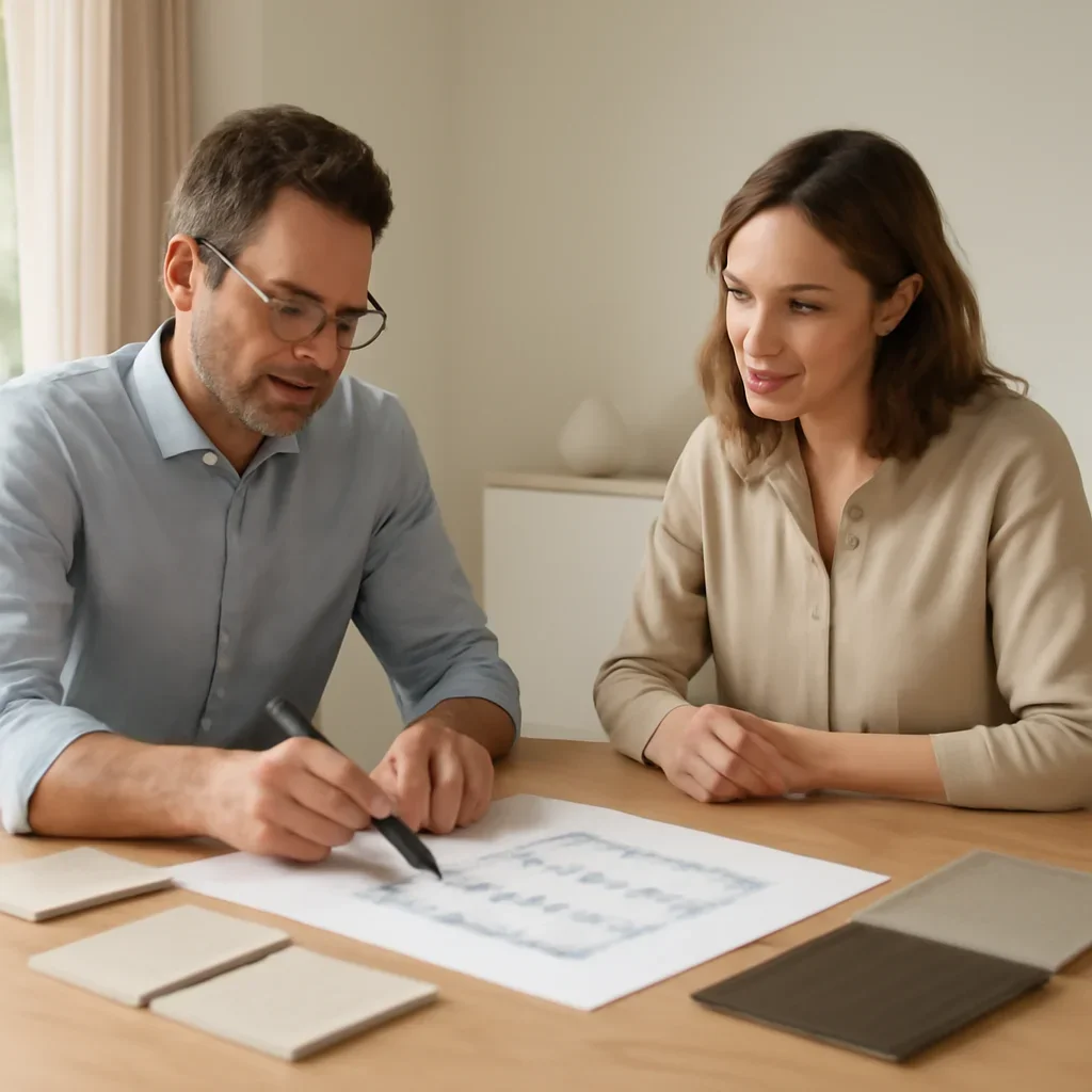 Architect and homeowner reviewing budget priorities with finish boards and floor plans