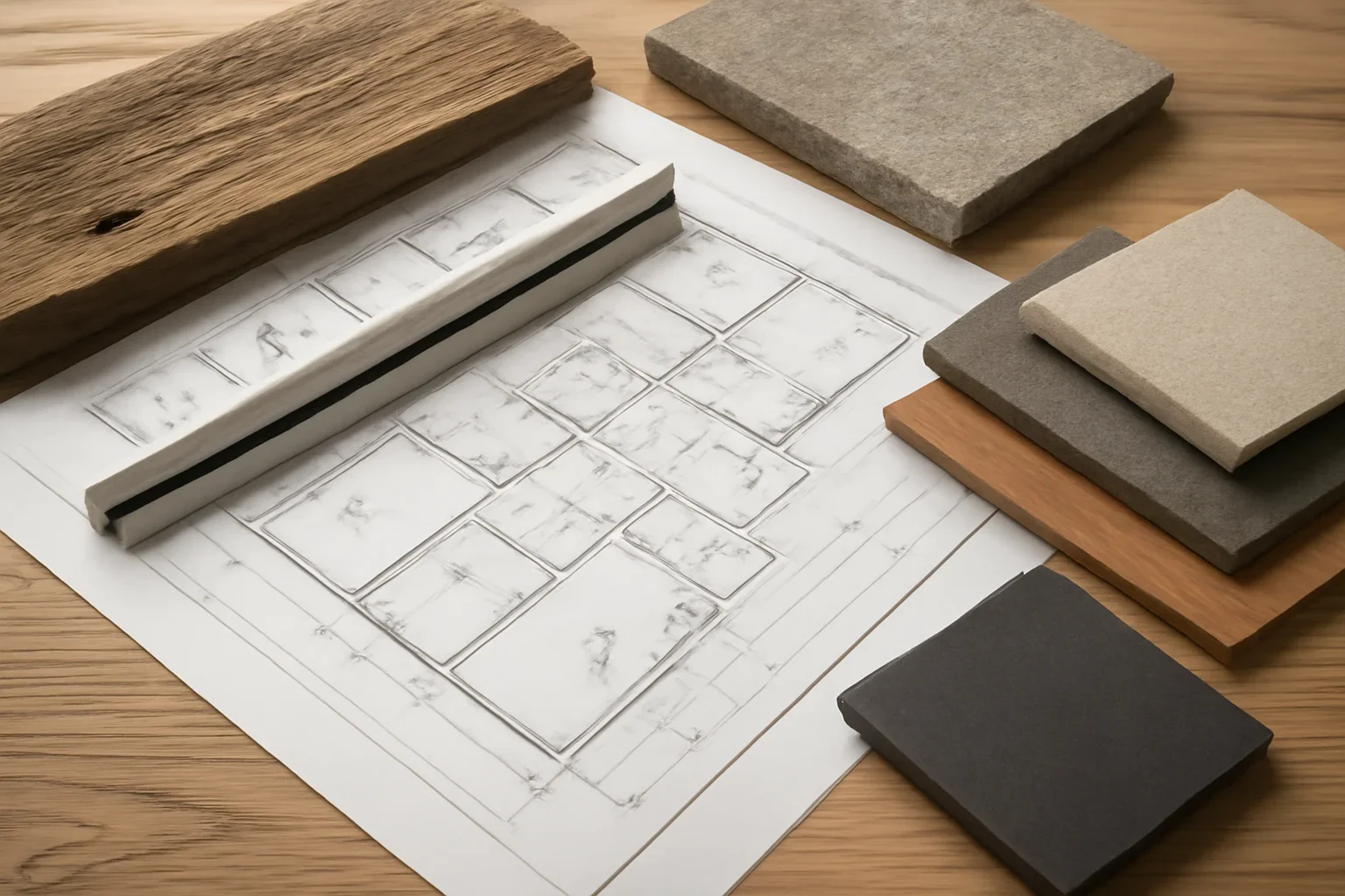 Custom home budgeting scene with plans, scale ruler, and material samples