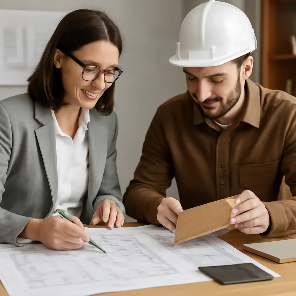 Architect and builder reviewing custom detail shop drawings together