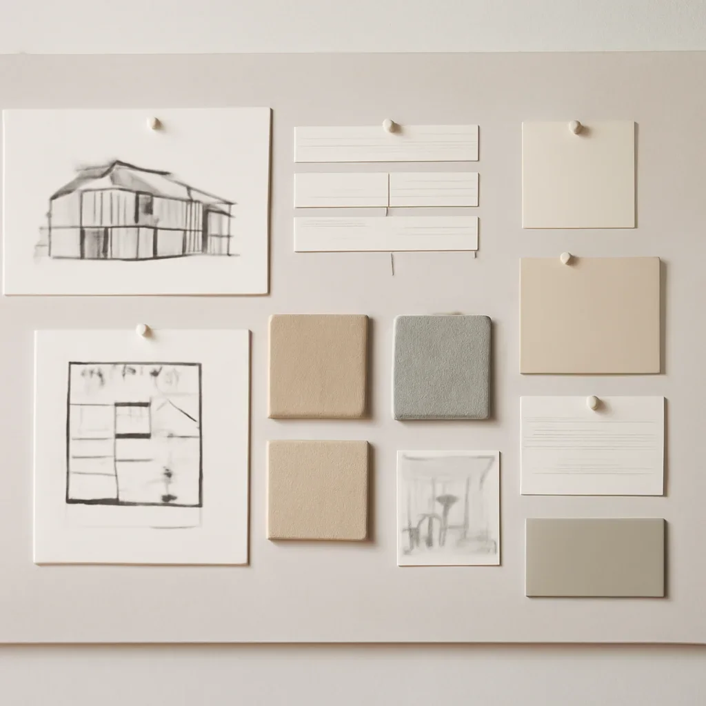 Architectural planning board with timeline notes and material samples