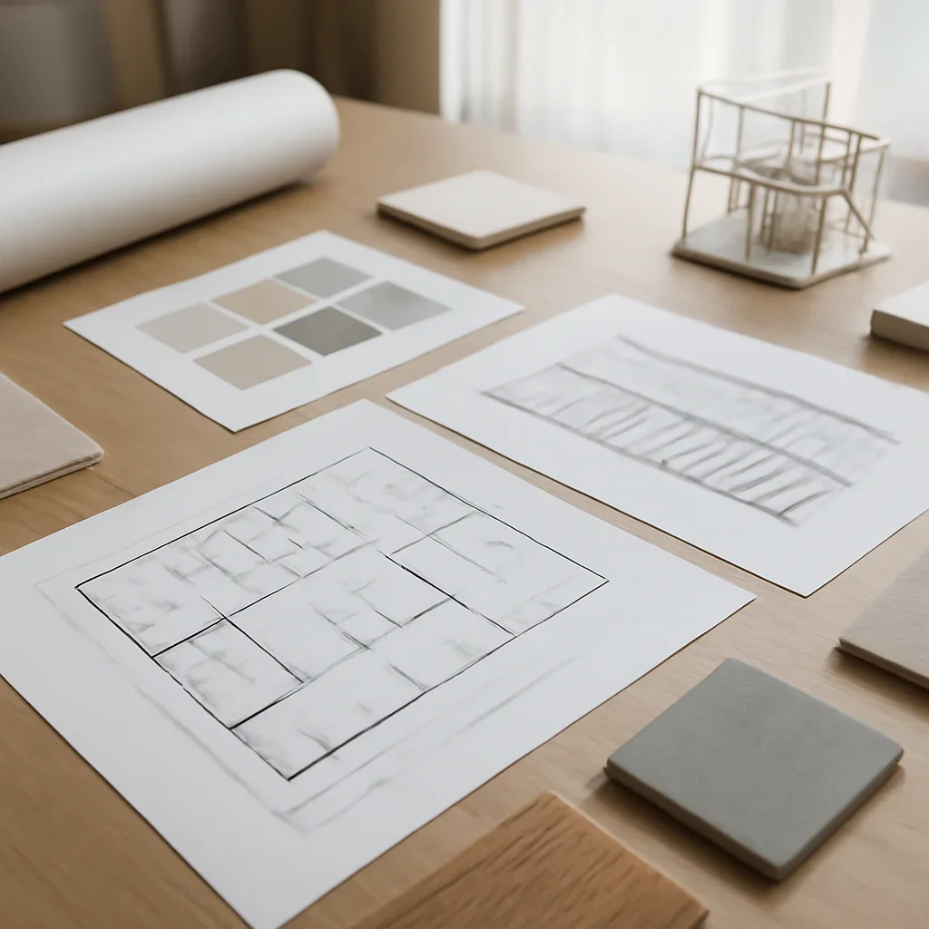 Solutions planning scene with drawings, material samples, and architectural imagery
