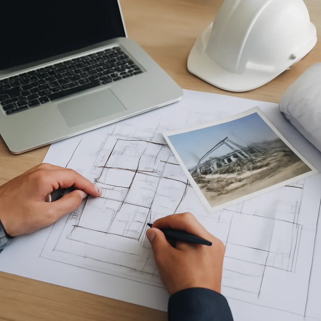 Architectural support consultation image with laptop and site plans