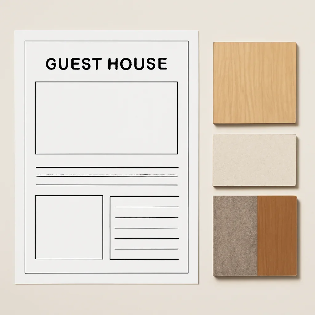 Guest House Planning Guide worksheet and material palette