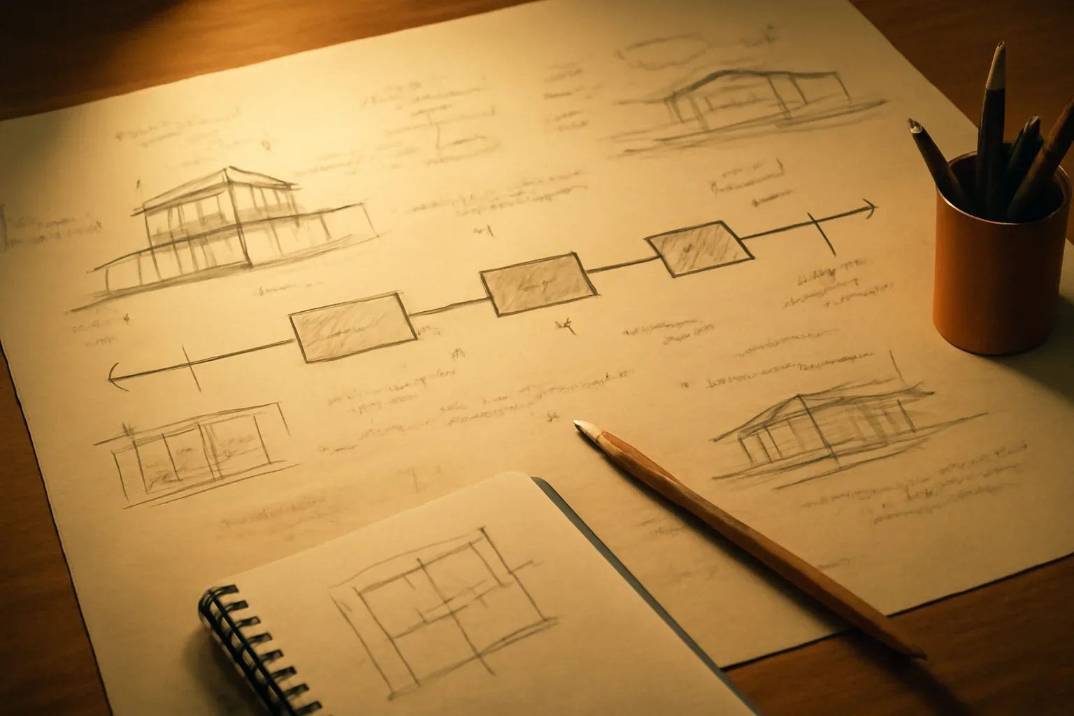 Project Timeline planning image with drawings and notes