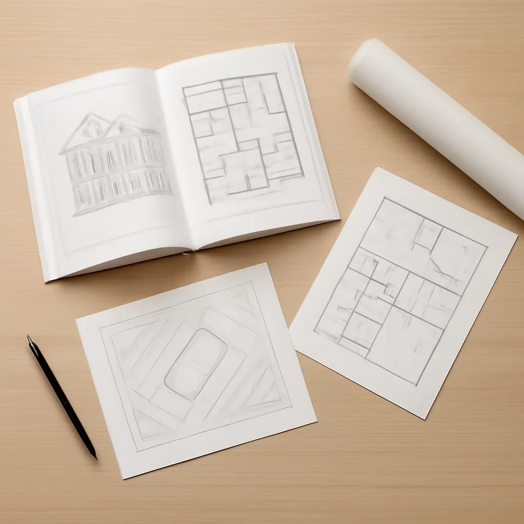 Architectural guide pages and planning documents arranged on desk
